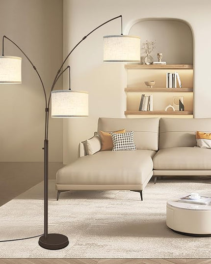 Arc Floor Lamps for Living Room,Modern Mid Century Tall Standing Floor Lamp with Heavy Base for Bedroom Office,3-Light Floor Lamp with Adjustable Hanging and 3 LED Bulbs (Brown+Beige Shade) - LeafyLoom