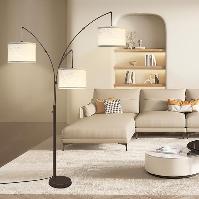 Arc Floor Lamps for Living Room,Modern Mid Century Tall Standing Floor Lamp with Heavy Base for Bedroom Office,3-Light Floor Lamp with Adjustable Hanging and 3 LED Bulbs (Brown+Beige Shade) - LeafyLoom