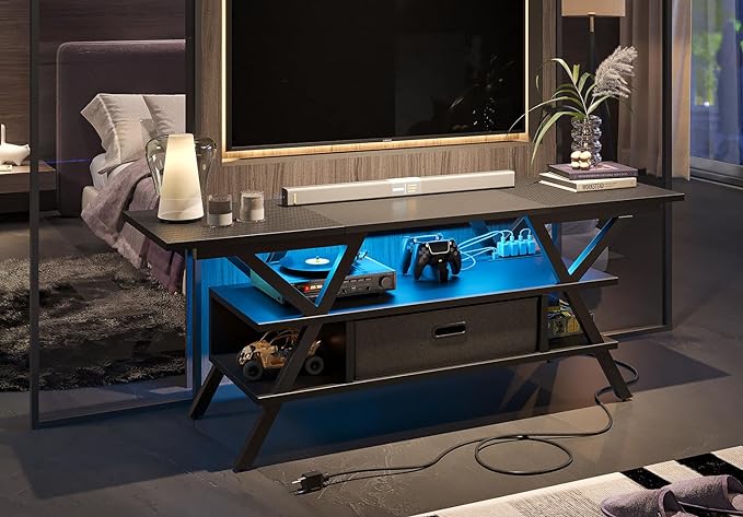 Bestier LED Entertainment Center with Power Outlets Gaming TV Stand for TV up to 65 Inch 55” TV Game Console for Living Room Bedroom Removable Drawer 20 Dynamic RGB Modes, Carbon Fiber Black - LeafyLoom