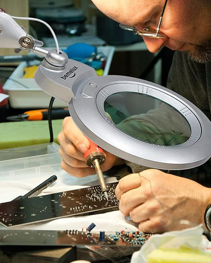 Bifocals Magnifying Desk Lamp with Clamp, 5 Diopter with 20 Diopter, 6 Inch Detachable Lens and 120PCS LEDs, 3 Color Modes 1200 Lumens Swivel Arm Magnifying Lamp with Light for Crafts - LeafyLoom