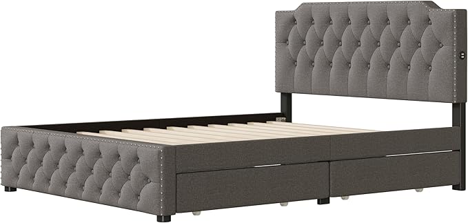 Queen Size Linen Upholstered Platform Bed with 2 Drawers and 2 sets of USB Ports on Each Side,Wood Bed Frame w/Button-Tufted Design Headboard,for Bedroom,Apartment,Gray - LeafyLoom