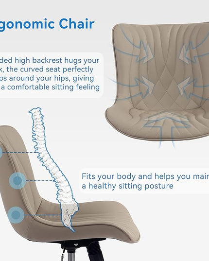 YOUNIKE Office Chair, Desk Chair with Wheels, Home Office Computer Task Chairs, Modern Faux Leather Padded Vanity Chair, Adjustable Swivel Armless Office Chairs with Back, Khaki - LeafyLoom