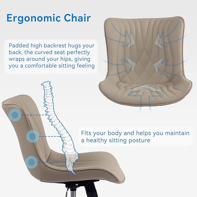 YOUNIKE Office Chair, Desk Chair with Wheels, Home Office Computer Task Chairs, Modern Faux Leather Padded Vanity Chair, Adjustable Swivel Armless Office Chairs with Back, Khaki - LeafyLoom