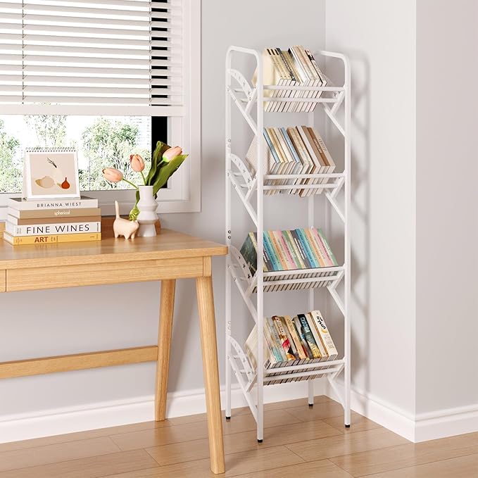 Bookshelf Storage Shelf Bookcase Freestanding Storage Stand Book Organizer for Living Room, Bedroom, Kitchen, Rust Resistance,Easy Assembly Multi-Functional Organizer (4 Tiers, White) - LeafyLoom