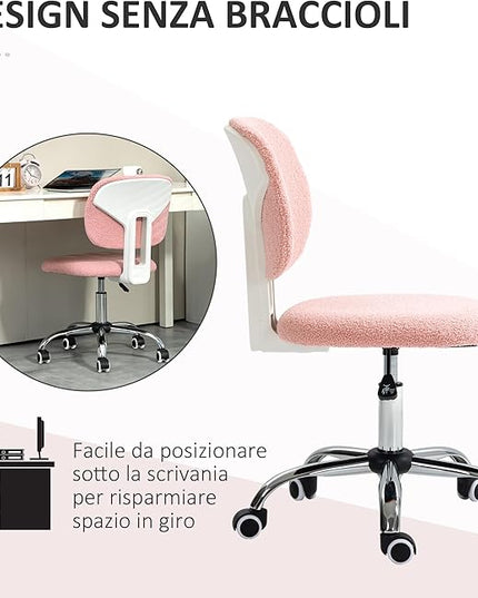 Vinsetto Cute Armless Office Chair, Teddy Fleece Fabric Computer Desk Chair, Vanity Task Chair with Adjustable Height, Swivel Wheels, Mid Back, Pink - LeafyLoom