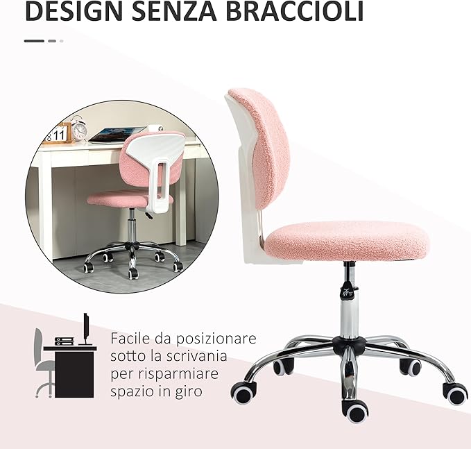Vinsetto Cute Armless Office Chair, Teddy Fleece Fabric Computer Desk Chair, Vanity Task Chair with Adjustable Height, Swivel Wheels, Mid Back, Pink - LeafyLoom