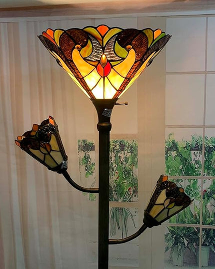 Bieye L10839 Baroque Tiffany Style Stained Glass Torchiere Floor Lamp with Sidelights for Reading, 70-inches Tall (Baroque, Brown) - LeafyLoom