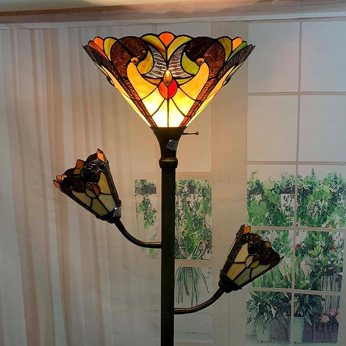 Bieye L10839 Baroque Tiffany Style Stained Glass Torchiere Floor Lamp with Sidelights for Reading, 70-inches Tall (Baroque, Brown) - LeafyLoom