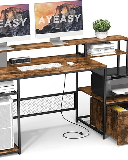 Home Office Desks with Drawers, 66'' Computer Desk with Storage, Office Desk with Monitor Stand, Work Desk with Outlets and USB, Gaming Table Desk with File Cabinet for Home Office Table, Brown - LeafyLoom