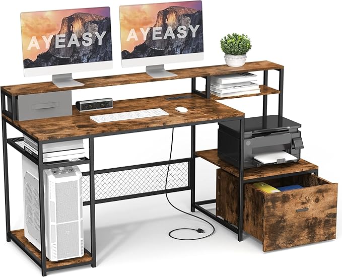 Home Office Desks with Drawers, 66'' Computer Desk with Storage, Office Desk with Monitor Stand, Work Desk with Outlets and USB, Gaming Table Desk with File Cabinet for Home Office Table, Brown - LeafyLoom