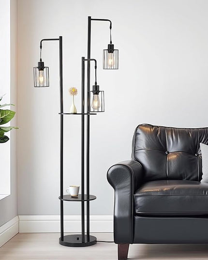 Dimmable floor lamp with table，Industrial Farmhouse Floor Lamp adjustable Angle，3 Light Rustic Standing Tall Lamp for living room, bedroom and office （bulbs included） - LeafyLoom