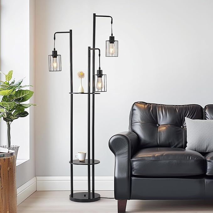 Dimmable floor lamp with table，Industrial Farmhouse Floor Lamp adjustable Angle，3 Light Rustic Standing Tall Lamp for living room, bedroom and office （bulbs included） - LeafyLoom