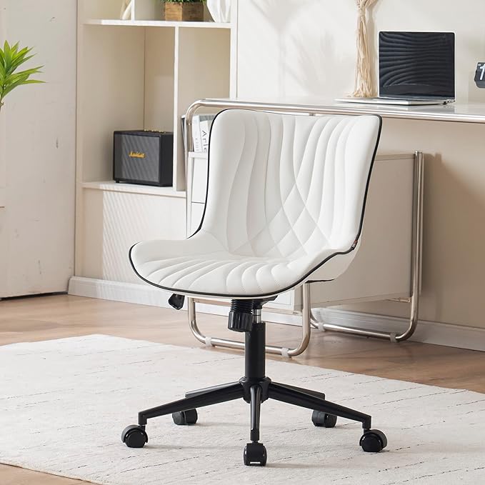 YOUNIKE Office Chair, Armless Desk Chair with Wheels, Home Office Computer Task Chairs, Modern Faux Leather Upholstered Vanity Chair, Adjustable Swivel Rocking Office Chair with Back, White - LeafyLoom