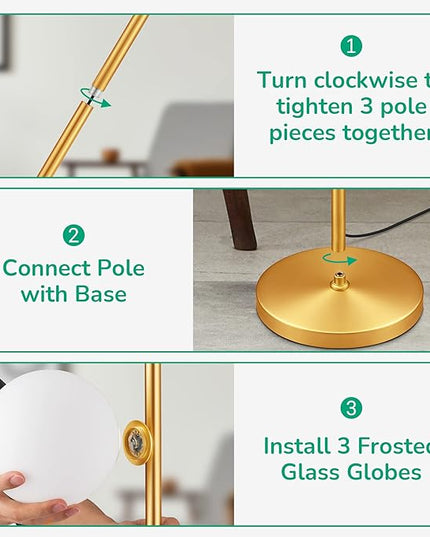 EDISHINE 69in Gold Modern Floor Lamp for Living Room, Upgraded Dimmable 3 Globe Mid Century Standing Lamps, Built-in LED, Frosted Glass Shade, Luna Tall Pole Lamp for Bedroom, Hotel -Antique Brass - LeafyLoom