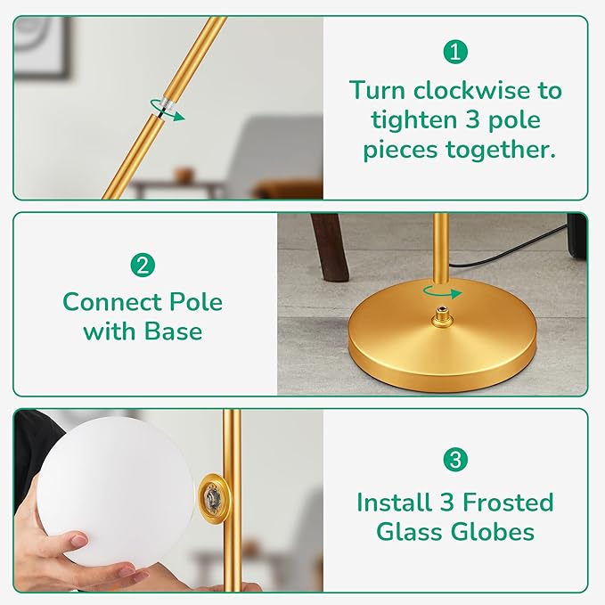 EDISHINE 69in Gold Modern Floor Lamp for Living Room, Upgraded Dimmable 3 Globe Mid Century Standing Lamps, Built-in LED, Frosted Glass Shade, Luna Tall Pole Lamp for Bedroom, Hotel -Antique Brass - LeafyLoom