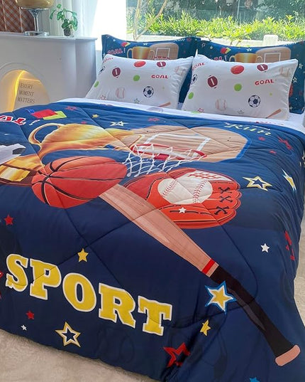 Sports Comforter Set Twin Size for Boys Kids Teens 7 Piece Basketball Baseball Bed in A Bag Soccer Football Trophies Bedding Set All Season Lightweight - LeafyLoom