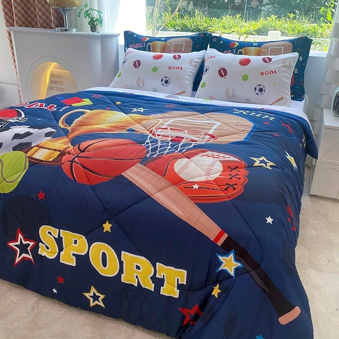 Sports Comforter Set Twin Size for Boys Kids Teens 7 Piece Basketball Baseball Bed in A Bag Soccer Football Trophies Bedding Set All Season Lightweight - LeafyLoom