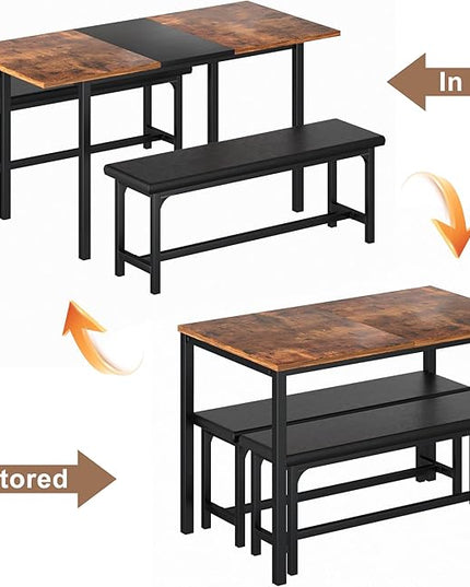 VECELO 3-Piece 63" Extendable Kitchen Table with Benches/Chairs, Modern Breakfast Dinette/Dining Room Set for 4/6/2, Small Space Saving Design, Easy Assembly, Brown - LeafyLoom
