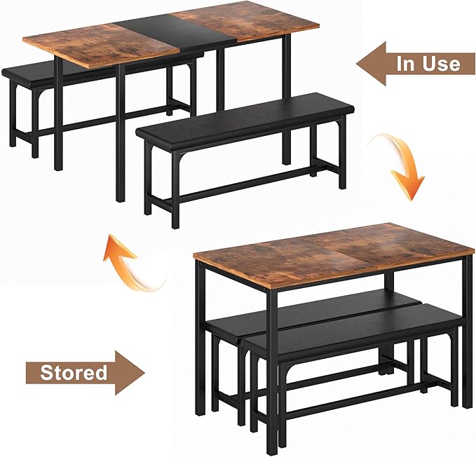 VECELO 3-Piece 63" Extendable Kitchen Table with Benches/Chairs, Modern Breakfast Dinette/Dining Room Set for 4/6/2, Small Space Saving Design, Easy Assembly, Brown - LeafyLoom