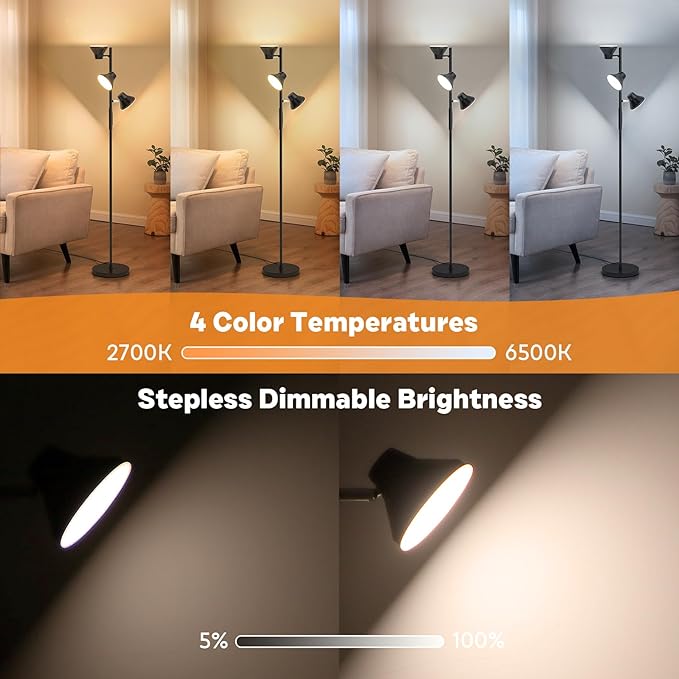 2024 Upgraded LED Floor Lamp, 36W Modern Floor Lamp with Remote & Touch Control, 4 Color Temperatures, Standing Lamp with 3 Rotatable Lights, Floor Lamps for Living Room, Bedroom, Office - LeafyLoom