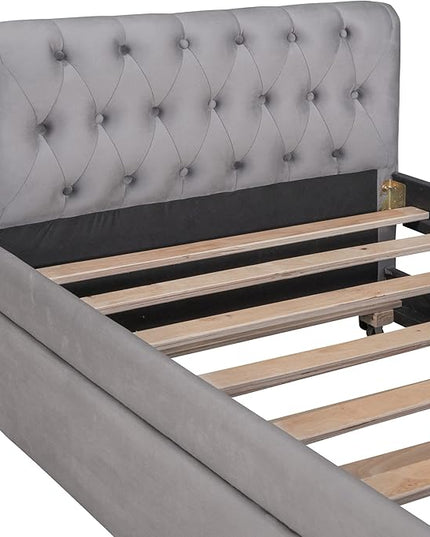 Twin Size Daybed with Trundle,Upholstered Sofa Bed W/Button & Nailhead Tufted Design Curved Armrests,Wood Slats Support,Bedframe for Bedroom Livingroom Small Space,No Box Spring Needed,Gray - LeafyLoom