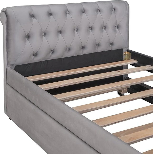 Twin Size Daybed with Trundle,Upholstered Sofa Bed W/Button & Nailhead Tufted Design Curved Armrests,Wood Slats Support,Bedframe for Bedroom Livingroom Small Space,No Box Spring Needed,Gray - LeafyLoom