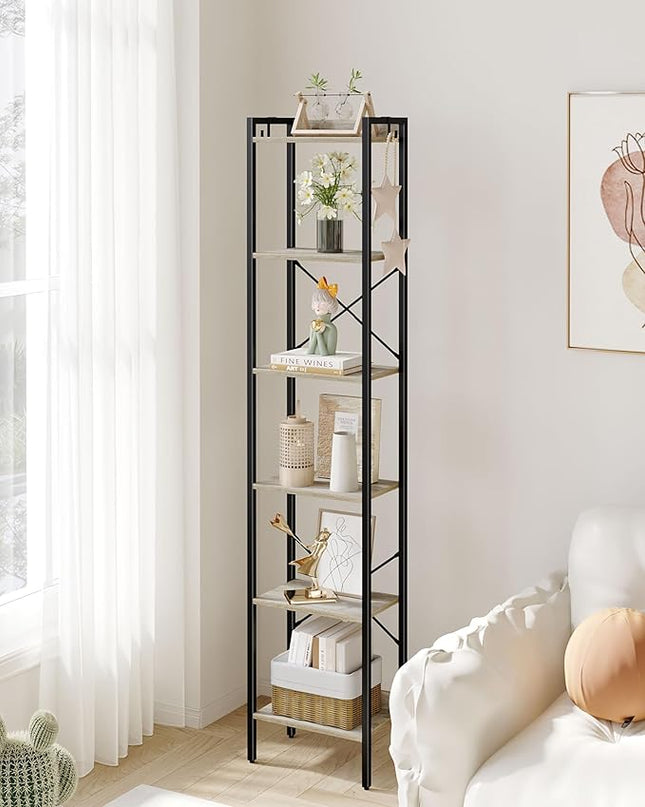 Bookshelf, Book Shelf, Industrial Bookcase with 2 Hooks, Coner Shelf Storage Organizer for Home Office, Living Room, Bedroom, Kitchen, 6-Tier Greige BC10705B - LeafyLoom
