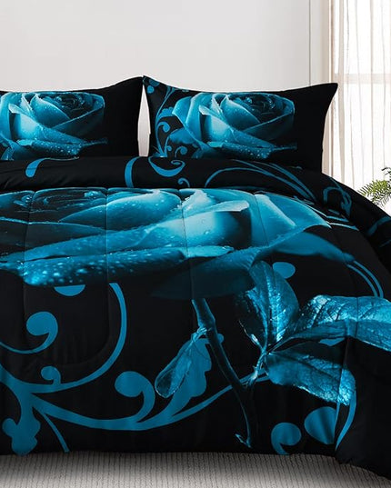 WONGS BEDDING Teal Blue Comforter Set King Reversible Teal Blue Rose Pattern Printed Bedding Comforter Set with 2 Pillowcases for All Season, Soft Microfiber Filling Bedding Set 103"x90" - LeafyLoom