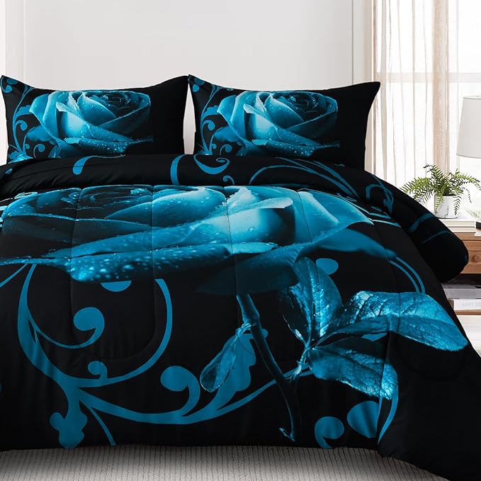 WONGS BEDDING Teal Blue Comforter Set King Reversible Teal Blue Rose Pattern Printed Bedding Comforter Set with 2 Pillowcases for All Season, Soft Microfiber Filling Bedding Set 103"x90" - LeafyLoom