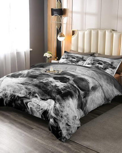 Erosebridal Skull Comforter Set Queen, Halloween Down Comforter, Gothic Fog Smoke Skull Skeleton Quilted Duvet, Grey Bedding Comforters for Young Man Boy Teens, Room Decorative, Soft Duvet Insert - LeafyLoom