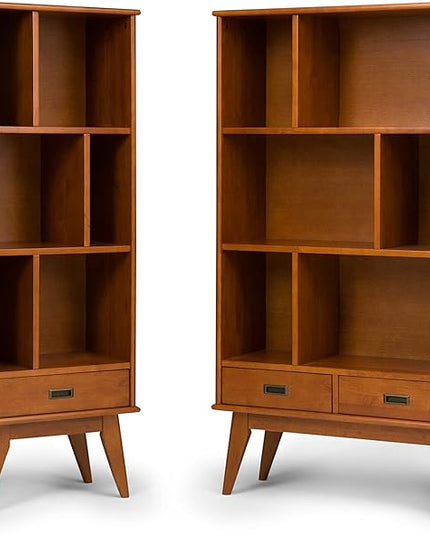 SIMPLIHOME Draper SOLID HARDWOOD 22 Inch Mid Century Modern Bookcase and Storage Unit in Teak Brown, For the Living Room, Study Room and Office - LeafyLoom