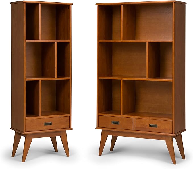 SIMPLIHOME Draper SOLID HARDWOOD 22 Inch Mid Century Modern Bookcase and Storage Unit in Teak Brown, For the Living Room, Study Room and Office - LeafyLoom