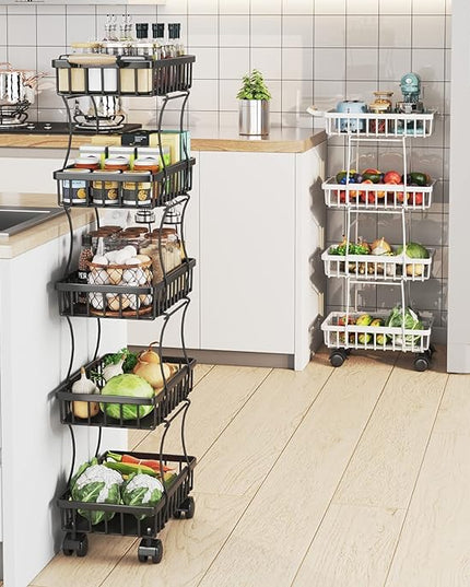 Wisdom Star 4 Tier Fruit Vegetable Basket for Kitchen, Storage Cart, Vegetable Basket Bins, Wire Storage Organizer Utility Cart with Wheels, Medium, Black - LeafyLoom