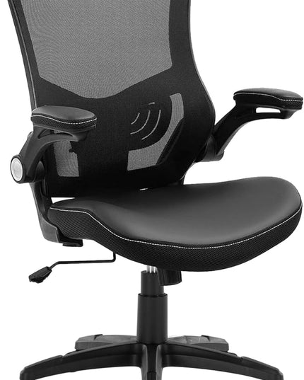 Office Chair Ergonomic Desk Chair, Computer PU Leather Home Office Chair, Swivel Mesh Back Adjustable Lumbar Support Flip-up Arms Executive Task Chair - LeafyLoom