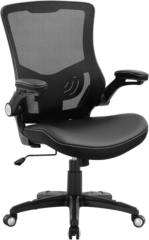 Office Chair Ergonomic Desk Chair, Computer PU Leather Home Office Chair, Swivel Mesh Back Adjustable Lumbar Support Flip-up Arms Executive Task Chair - LeafyLoom