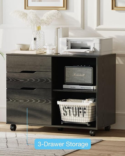 OLIXIS 3 Drawer File Cabinet Lateral Printer Stand with Adjustable Storage Shelves for Home Office Small Space, Black - LeafyLoom