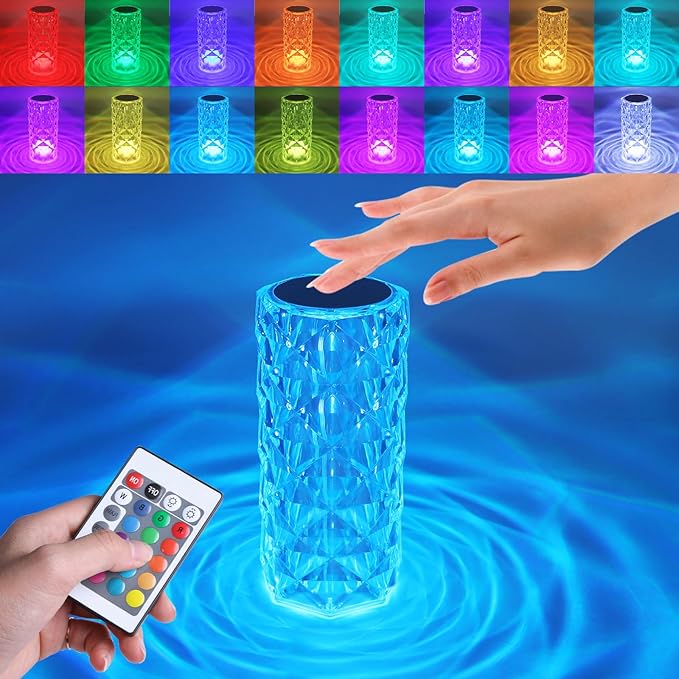 Rose Touch Lamp RGB Night Light, USB Rechargeable Touch Remote Control Crystal Light for Bedroom Living Room Home Decor Colorful Decorative Lights - LeafyLoom