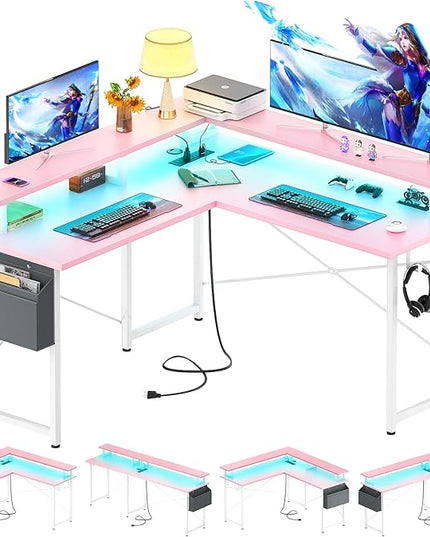 armocity L Shaped Computer Desk with Power Outlets, Gaming Desk L Shaped with LED Lights, Corner Desk with Storage Shelves, Work Study Desk for Bedroom, Home Office Small Spaces, 47'', Pink - LeafyLoom