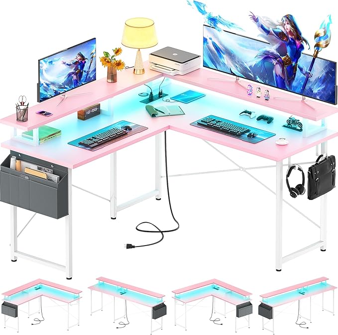 armocity L Shaped Computer Desk with Power Outlets, Gaming Desk L Shaped with LED Lights, Corner Desk with Storage Shelves, Work Study Desk for Bedroom, Home Office Small Spaces, 47'', Pink - LeafyLoom