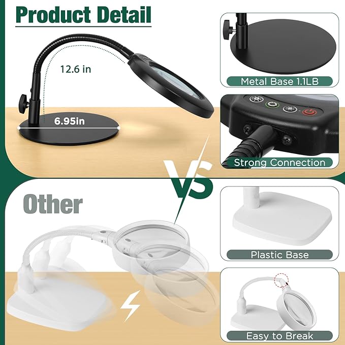 8X Magnifying Glass with Light and Stand, 5 Color Modes Stepless Dimmable Flexible Gooseneck Magnifying Desk Lamp, LED Lighted Magnifier Hands Free for Craft Reading Painting Close Work Hobby - LeafyLoom