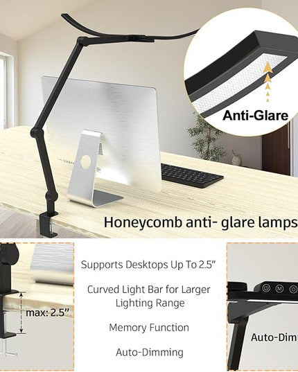 Architect Desk Lamp with Curved Light Bars, 33 Inches Long Wide Bright LED Desk Lamp with Clamp, 24W Dimmable Desk Light for Home Office Tall Swing Arm Table Light for Computer - LeafyLoom