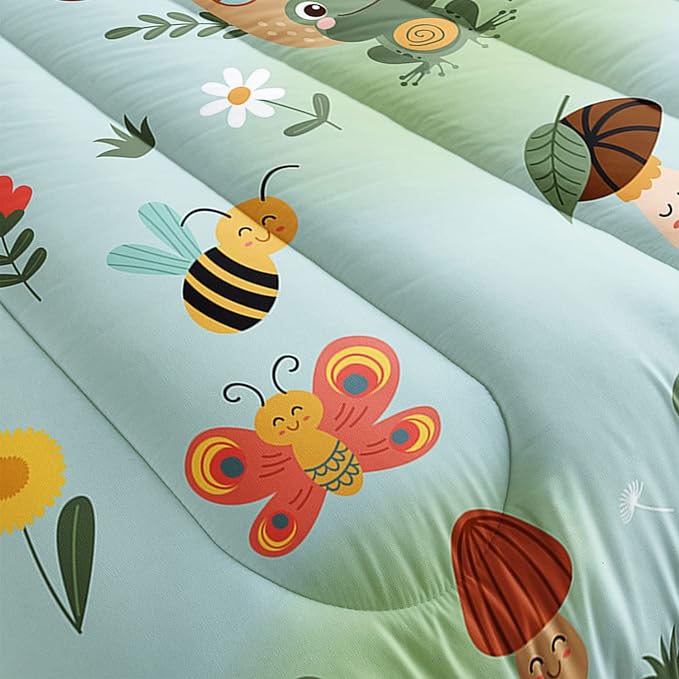 Datura home Cartoon Mushroom House Kids Comforter Bedding Set for Boys Girls, Green Grassland and Cute Frog Bee Print Comforter with 2 Pillowcases(Mushroom House Queen), Mushroom Frog - LeafyLoom
