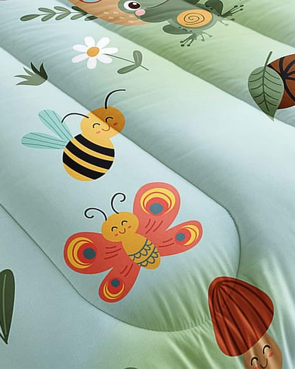 Datura home Cartoon Mushroom House Kids Comforter Bedding Set for Boys Girls, Green Grassland and Cute Frog Bee Print Comforter with 2 Pillowcases(Mushroom House Twin) - LeafyLoom