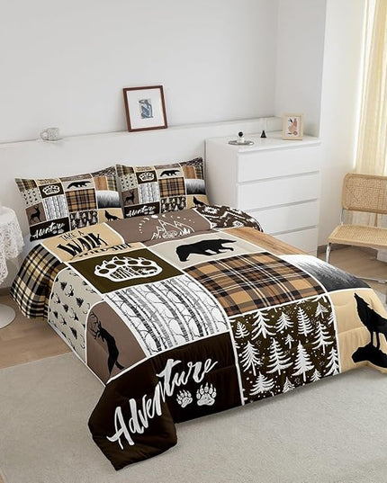 Rustic Farmhouse Kids Comforter Set King Size,Deer Antlers Bear Paws Plaids Patchwork Bedding Set for Boys Girls Adults Room Decor,Pine Trees Xmas Down Comforter,Brown Duvet Insert,2 Pillowcases - LeafyLoom