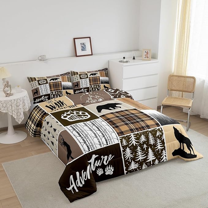 Rustic Farmhouse Kids Comforter Set Twin Size,Deer Antlers Bear Paws Plaids Patchwork Bedding Set for Boys Girls Adults Room Decor,Pine Trees Xmas Down Comforter,Brown Duvet Insert,1 Pillowcase - LeafyLoom