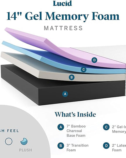 LUCID 14 Inch Memory Foam Mattress - Plush Feel - Memory Foam Infused with Bamboo Charcoal and Gel - Temperature Regulating - Pressure Relief - Breathable - Premium Support - Twin Size - LeafyLoom
