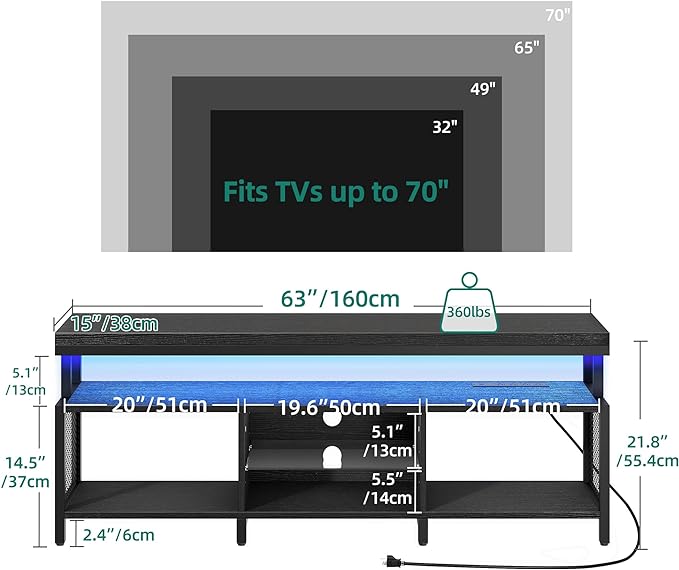 YITAHOME LED Television Stands w/Power Outlets for 70/65 inch, Modern Industrial TV Stand, Entertainment Center w/Open Storage TV Table, Entertainment Center for 360lbs for Living Room,Black - LeafyLoom
