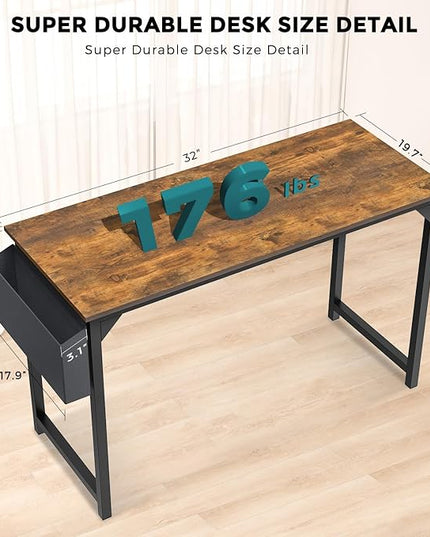 JHK Computer Small Desk Office 32 Inch Writing Work Kids Study Simple Wooden Table for Home Bedroom Modern Style with Headphone Hooks & Storage Bag, Rustic Brown - LeafyLoom