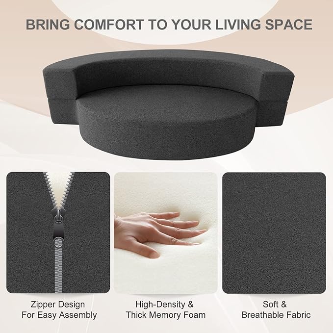 Modern Folding Sofa Bed Couch Memory Foam with 2 Pillows Sleeper sofa futon couch for Bedroom Living Room Guests, Washable Set, Stylish Oval 76''L × 41.5''D × 10''H,Dark Gray - LeafyLoom