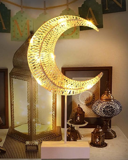 Rustic Moon Lamp for Ramadan Decor, Battery Operated Ramadan Lights for EID Mubarak Decorations, Office Desk, Cabinet, Bedroom Bedside Living Room Decor, Dining Centerpiece Table Decorations - LeafyLoom